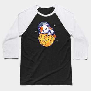 Cute Cat Astronaut Sleeping On Moon Cartoon Baseball T-Shirt